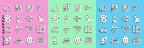 Set line Locker or changing room, Whistle, Planning strategy, Award cup, Hockey mask, Mallet for playing air hockey and table icon. Vector