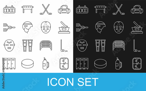 Set line Air hockey table, Ice stick and puck, cup champion, sticks, Hockey helmet, Championship tournament bracket, mechanical scoreboard and mask icon. Vector