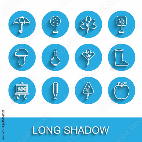 Set line Chalkboard, Meteorology thermometer, Umbrella, Leaf leaves, Apple, Onion, Waterproof rubber boot and icon. Vector