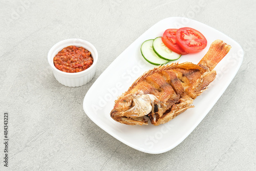 Fried Tilapia or Ikan Nila Goreng. Served on white plate with sambal (chilli sauce), cucumber and tomato slice. Selected focus.
