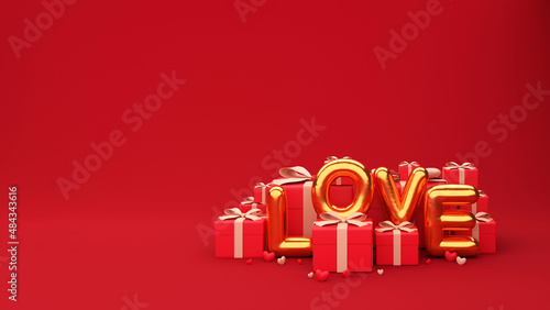 3D Golden Love Balloon Font With Realistic Gift Boxes And Tiny Hearts On Red Background.