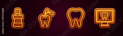 Set line Mouthwash, Tooth with caries and drill, and Online dental care. Glowing neon icon. Vector
