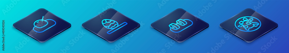 Set Isometric line Sushi, Mochi, Kung Pao chicken and Chinese tea egg icon. Vector Set Isometric line Sushi, Mochi, Kung Pao chicken and Chinese tea egg icon. Vector