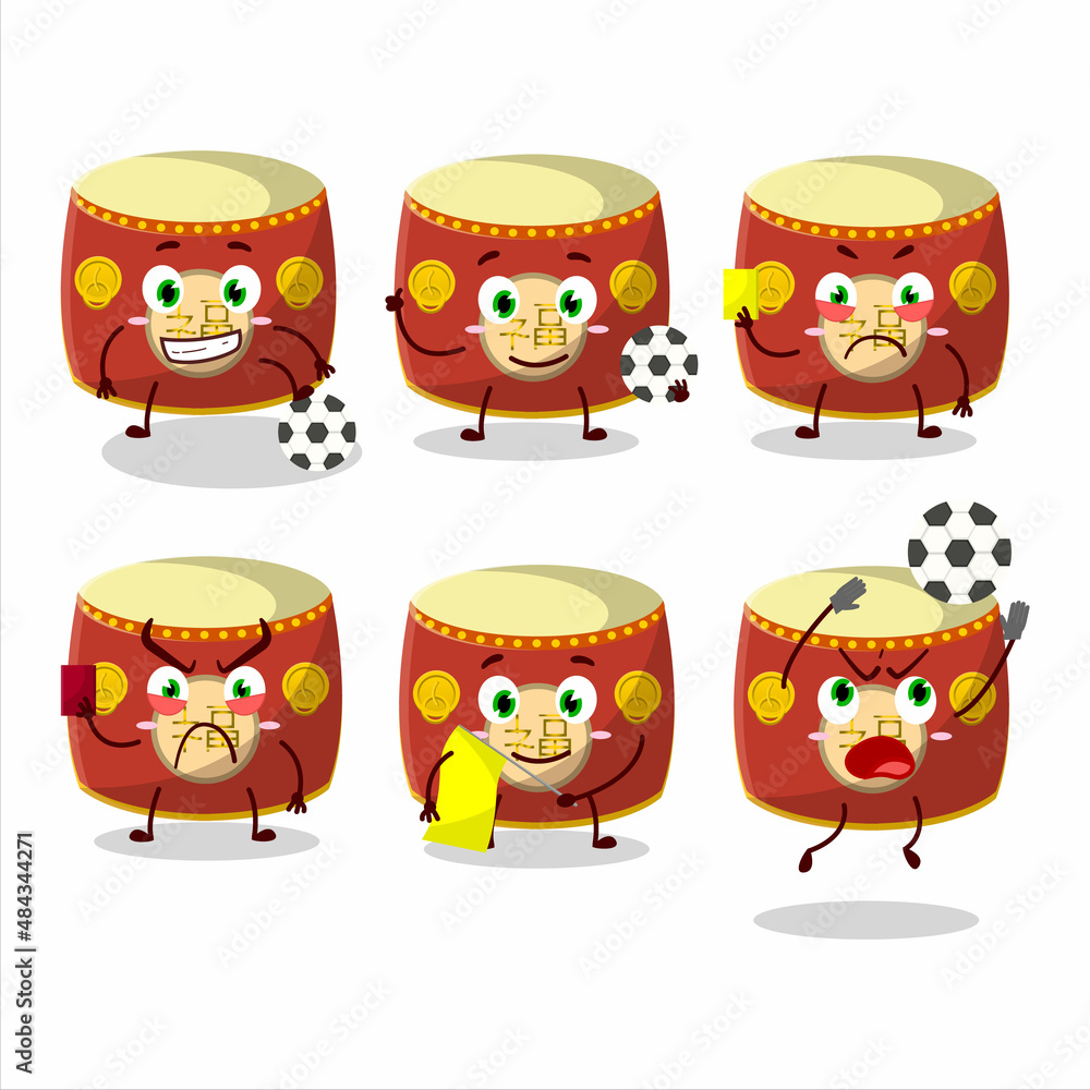 Obraz premium Red chinese drum cartoon character working as a Football referee