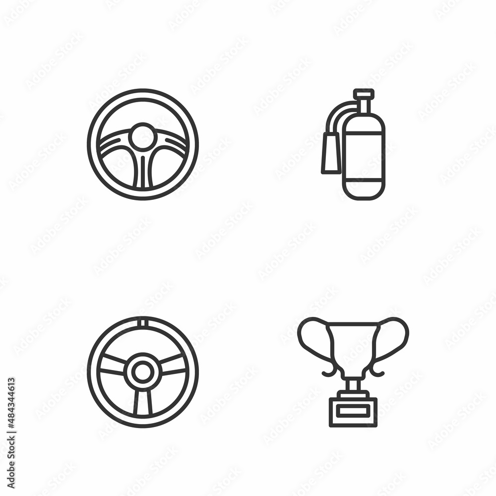 Set line Award cup, Racing steering wheel, and Fire extinguisher icon. Vector Set line Award cup, Racing steering wheel, and Fire extinguisher icon. Vector