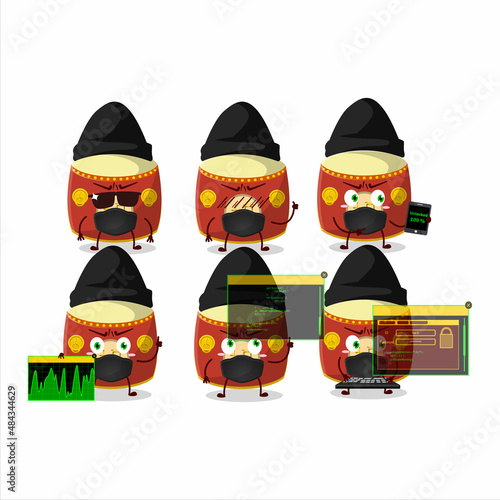A Hacker red chinese drum character mascot with