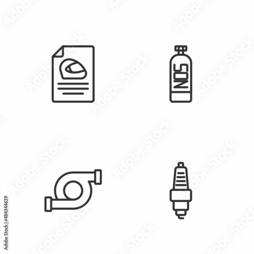 Set line Car spark plug, Automotive turbocharger, Racing helmet and Nitrous oxide icon. Vector