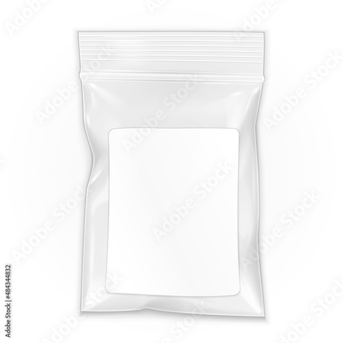 Blank Flat Poly Clear Bag Filled Plastic Polyethylene Pouch Packaging With Zipper, Ziplock. Lable. Illustration Isolated On White Background. Mock Up Template. Ready For Your Design. Vector EPS10