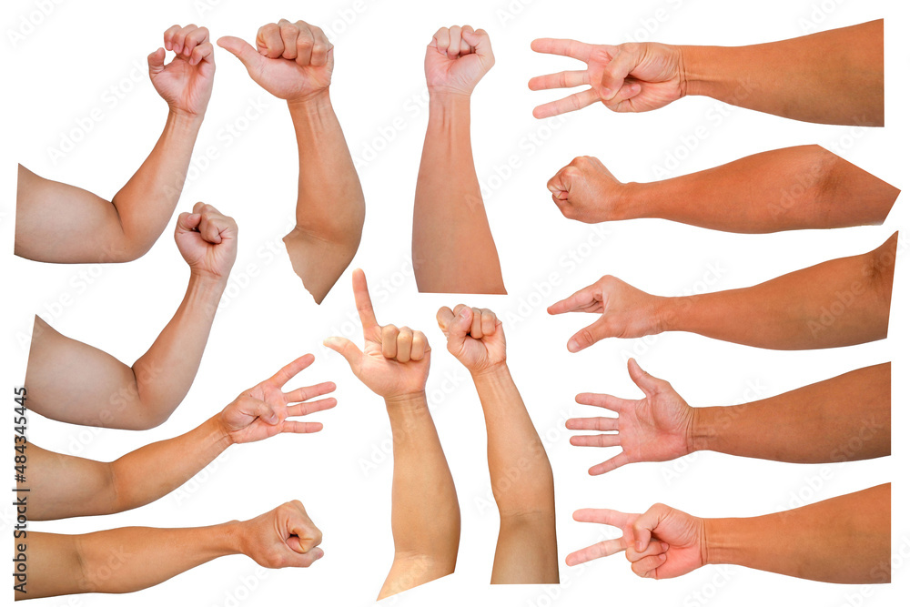 set of men's hands showing signs in education isolated invisible object on white.