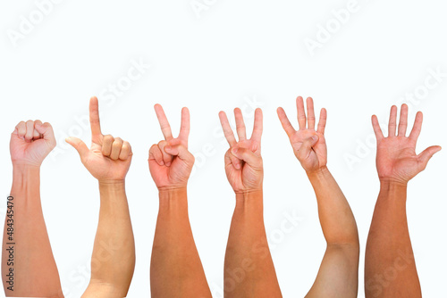 Set of men s hands symbolizing invisible objects isolated on white.