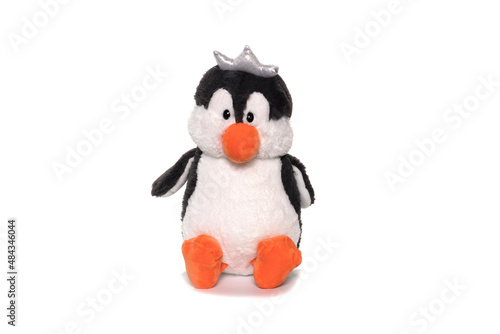 Black plush penguin on white background.
