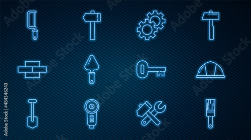 Set line Paint brush, Worker safety helmet, Gear, Trowel, Bricks, Hacksaw, Old key and Hammer icon. Vector