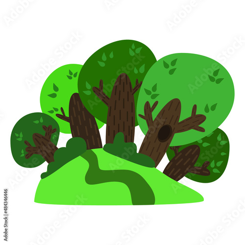 Vector illustration of cute cartoon landscape meadow path and big mighty oaks 