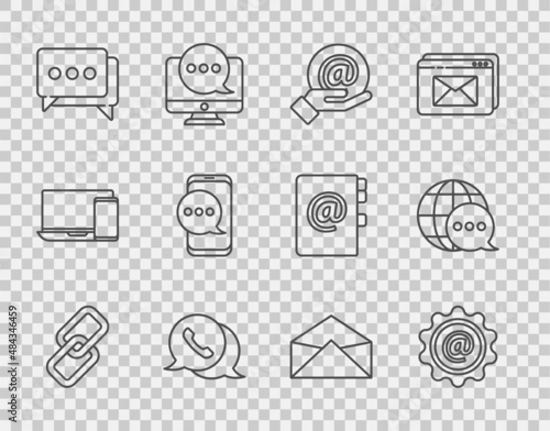 Set line Chain link, Mail and e-mail, hand, Telephone with speech bubble chat, Speech, Chat messages notification, Envelope and World map made from icon. Vector