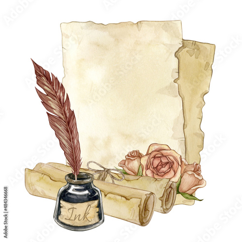 Watercolor illustration of old paper sheets, scrolls, roses, feather pen and inkwell isolated on white background. photo