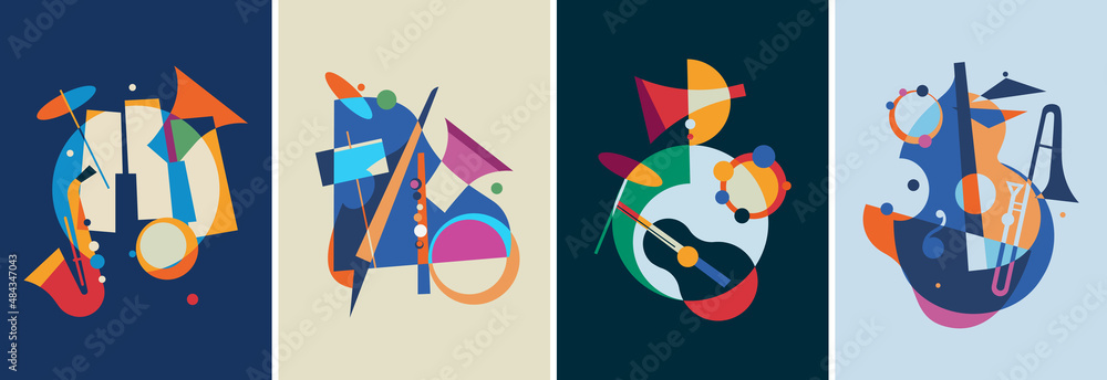 Set of jazz posters. Placard designs in abstract style. - obrazy, fototapety, plakaty 