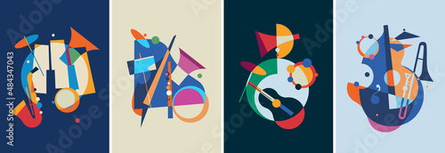 Fototapeta Set of jazz posters. Placard designs in abstract style.