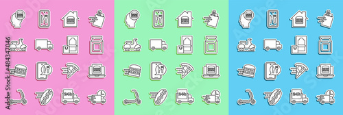 Set line Fast delivery by car, Online ordering burger, and, Scooter, and icon. Vector