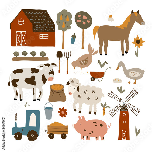 Farm life clipart set. Collection of farm animals and items related to farming and agriculture.