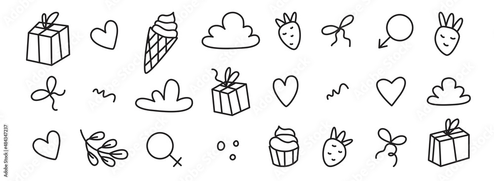 Fototapeta premium Set with All lovers Day decoration element. Happy Valentines Day. Heart, clouds, present, branch, ice cream, strawberry. Female and male symbol. Gender signs. Icons in vector illustration. Isolated.