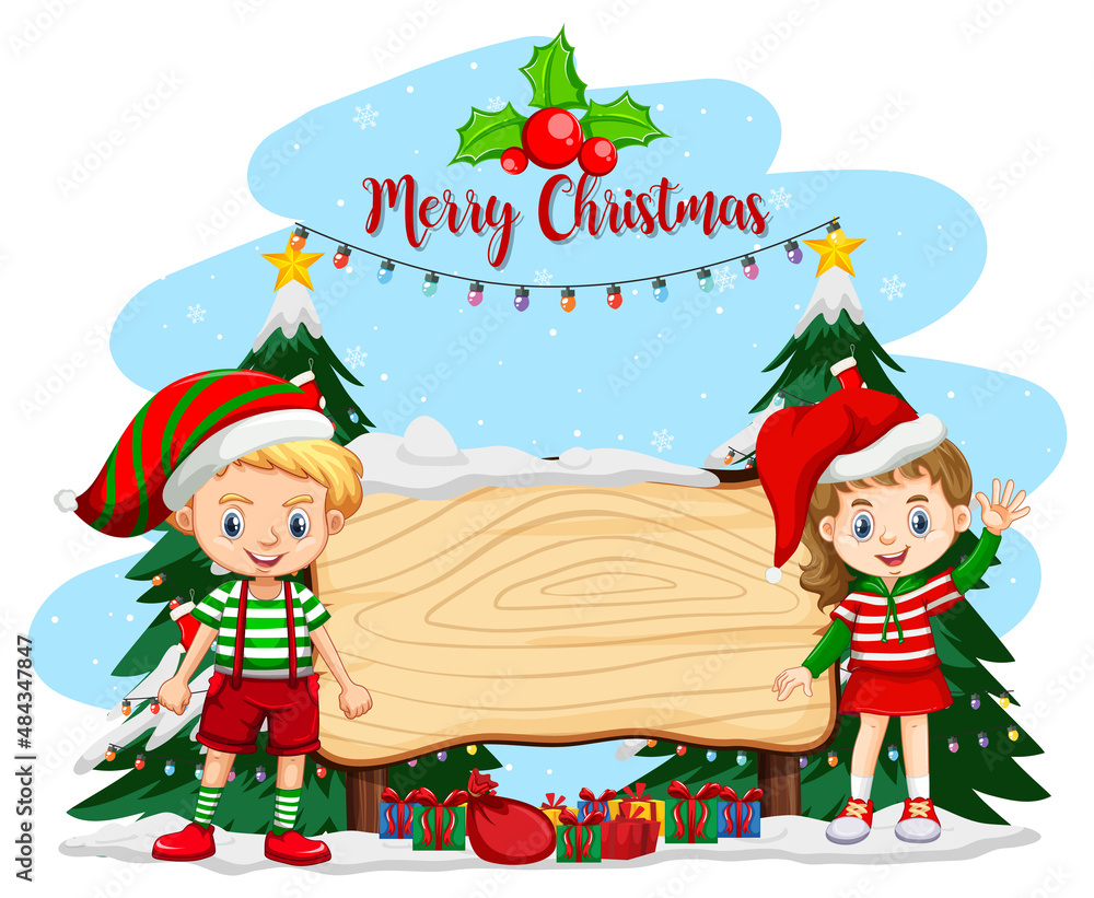 Empty banner in Christmas theme with children in Christmas costumes