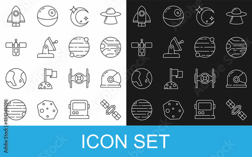 Set line Satellite, Astronaut helmet, Planet, Moon and stars, dish, Rocket ship and icon. Vector photo