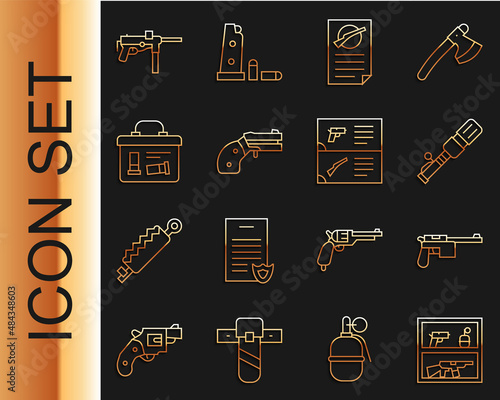 Set line Hunting shop weapon, Mauser gun, Anti-tank hand grenade, Firearms license certificate, Small revolver, Military ammunition box, Submachine M3 and Weapon catalog icon. Vector