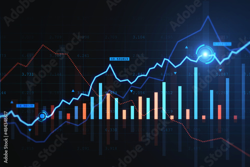Creative glowing forex chart on dark background with reflections. Trade, finance and technology concept. 3D Rendering. © Who is Danny