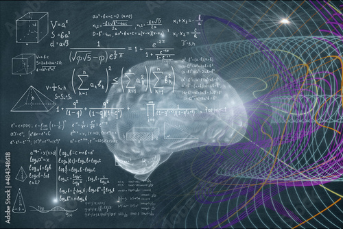 Abstract brain background with mathematical formulas. Mind concept. 3D Rendering.