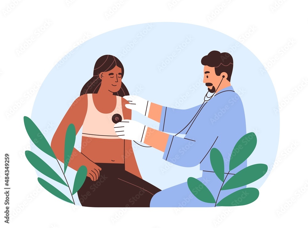 Doctor listening patients heartbeat with stethoscope. Woman visiting physician for medical checkup, examination. Person at therapists appointment. Flat vector illustration isolated on white background