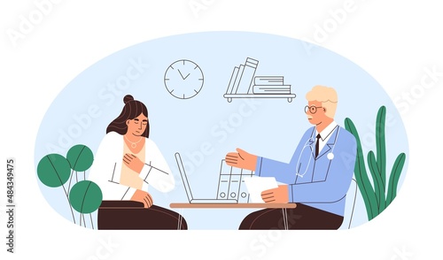 Patient visiting doctors office. Woman with health complaints at appointment in hospital. Physician and sick adult person. Medical checkup. Flat vector illustration isolated on white background