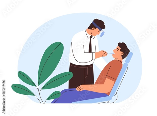 ENT doctor checking throat. Patient at audiologist office. Man visiting otolaryngologist for medical checkup. Person at appointment in hospital. Flat vector illustration isolated on white background