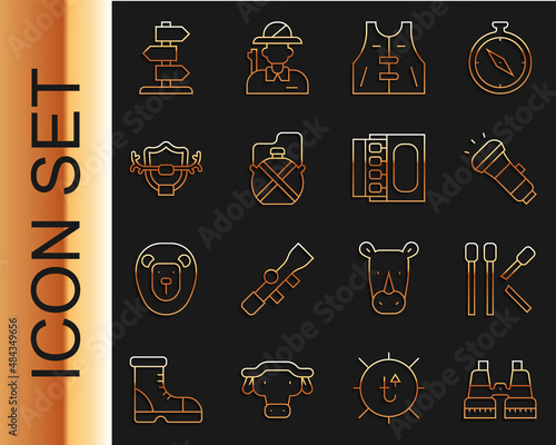 Set line Binoculars, Matches, Flashlight, Hunting jacket, Canteen water bottle, Deer antlers on shield, Road traffic sign and Matchbox and matches icon. Vector