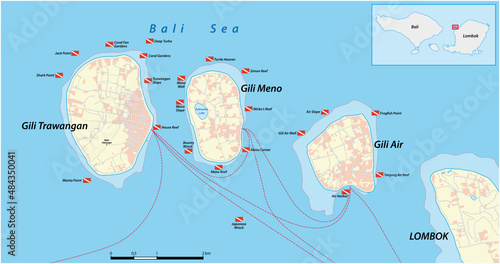 Detailed map of the Gili Archipelago, West Nusa Tenggara, Indonesia photo