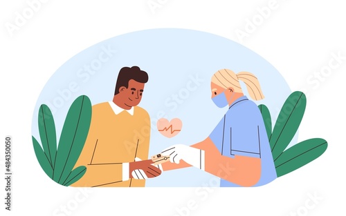Doctor checking patients oxygen saturation level in blood with pulse oximeter. Man during measurement at appointment at physician office. Flat graphic vector illustration isolated on white background