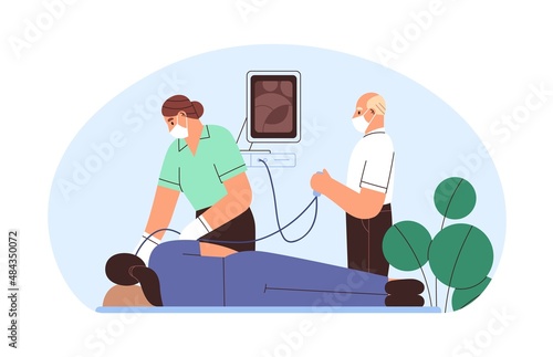 Gastroscopy for digestive system examination. Gastrointestinal probe with gastroscope tube from throat to stomach. Endoscopy with endosope. Flat vector illustration isolated on white background
