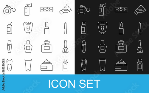 Set line Spray can for hairspray, Nail polish bottle, file, Acne, Epilator, Perfume and Lipstick icon. Vector