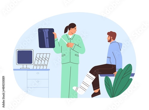 Patient with trauma at doctor office in hospital. Traumatologist showing fracture on Xray. Man with broken leg bone in cast at orthopedists. Flat vector illustration isolated on white background