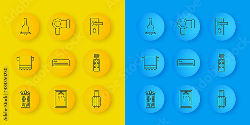 Set line Hotel building, Towel on hanger, Air conditioner, Suitcase, Remote control, service bell, Door handle and Hair dryer icon. Vector