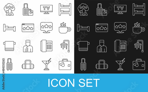Set line Suitcase, Shower, Coffee cup, Smart Tv, Five stars rating review, Hotel room bed, and icon. Vector