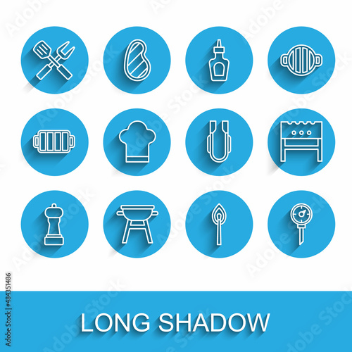Set line Pepper, Barbecue grill, Crossed fork and spatula, Burning match with fire, Kitchen thermometer, Chef hat, BBQ brazier and Meat tongs icon. Vector