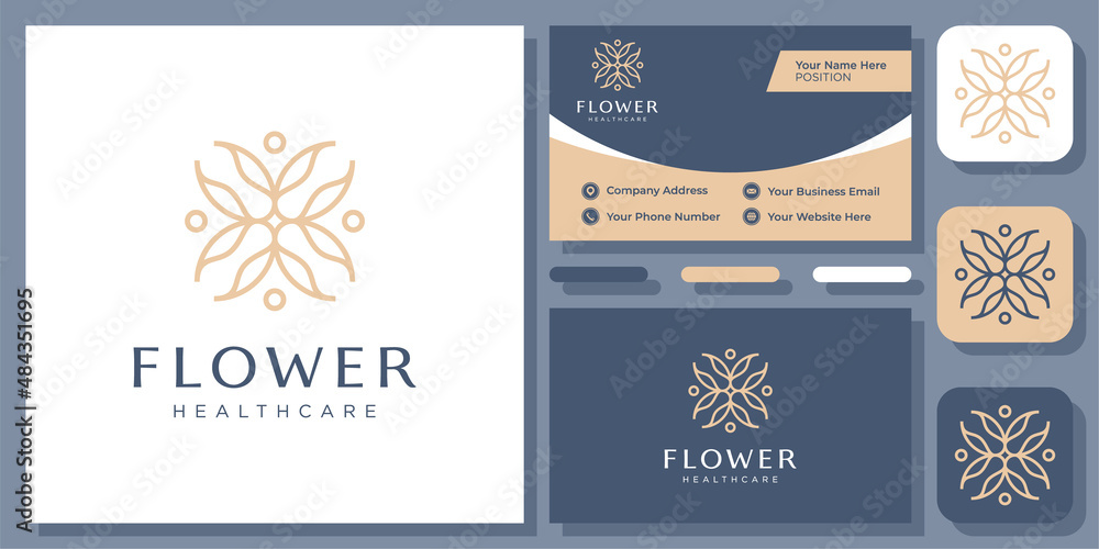 Elegant Flower Leaf Healthcare Nature Floral Decoration Medical Vector Logo Design with Business Card