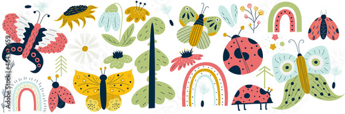 Scandinavian spring set with butterfly, ladybug, flower and rainbow. Summer floral scandinavian nursery print design. Flat vector illustration. Sunflower, snodrop, daisy and tree for spring design