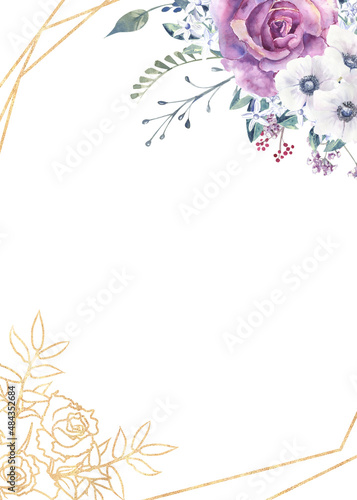 Geometric floral frame with purple roses and anemones in a glass vase on a white isolated background. Hand-drawn watercolor illustration
