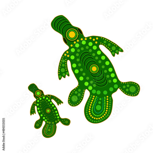 Platypus isolated on white background. Australia aboriginal duck bill dot painting.Aboriginal tribal styled platypus.Decorative ethnic style.Element for flyer, poster, banner, placard, brochure.Vector