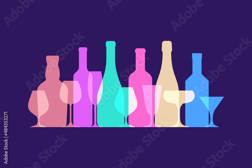 contours of wine glasses and bottles for alcoholic beverages in a row
