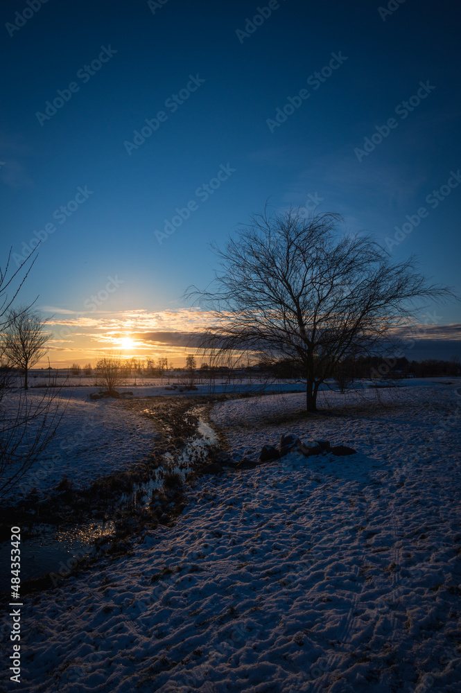 Snow covered landskape during sunset with stream and tree in Skåne (Scania) Sweden Snow covered landskape during sunset with stream and tree in Skåne (Scania) Sweden