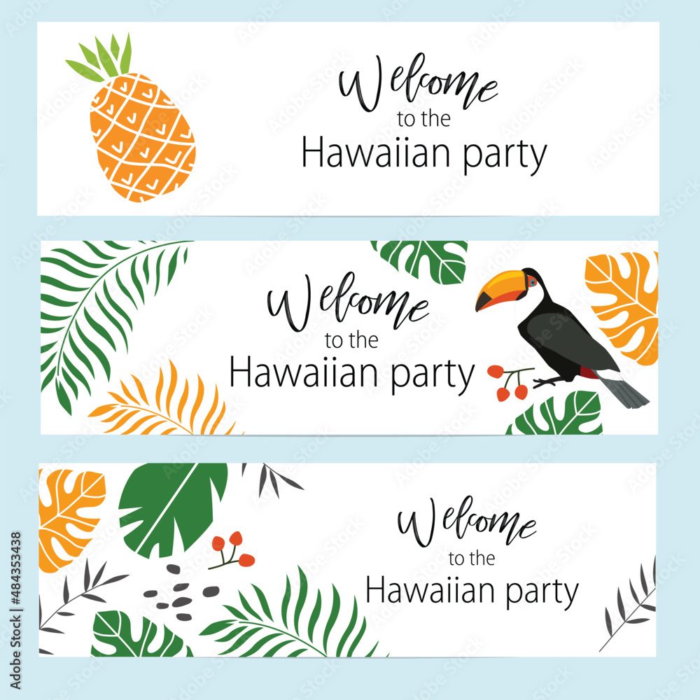 Print. Vector set of invitation cards for hawaiian party. Banners
 - obrazy, fototapety, plakaty 