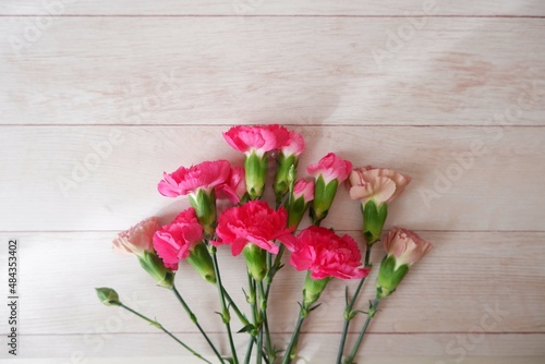Pink beautiful Carnation flower composition on wooden table. Mother's day, Father's day and spring concept flower background.