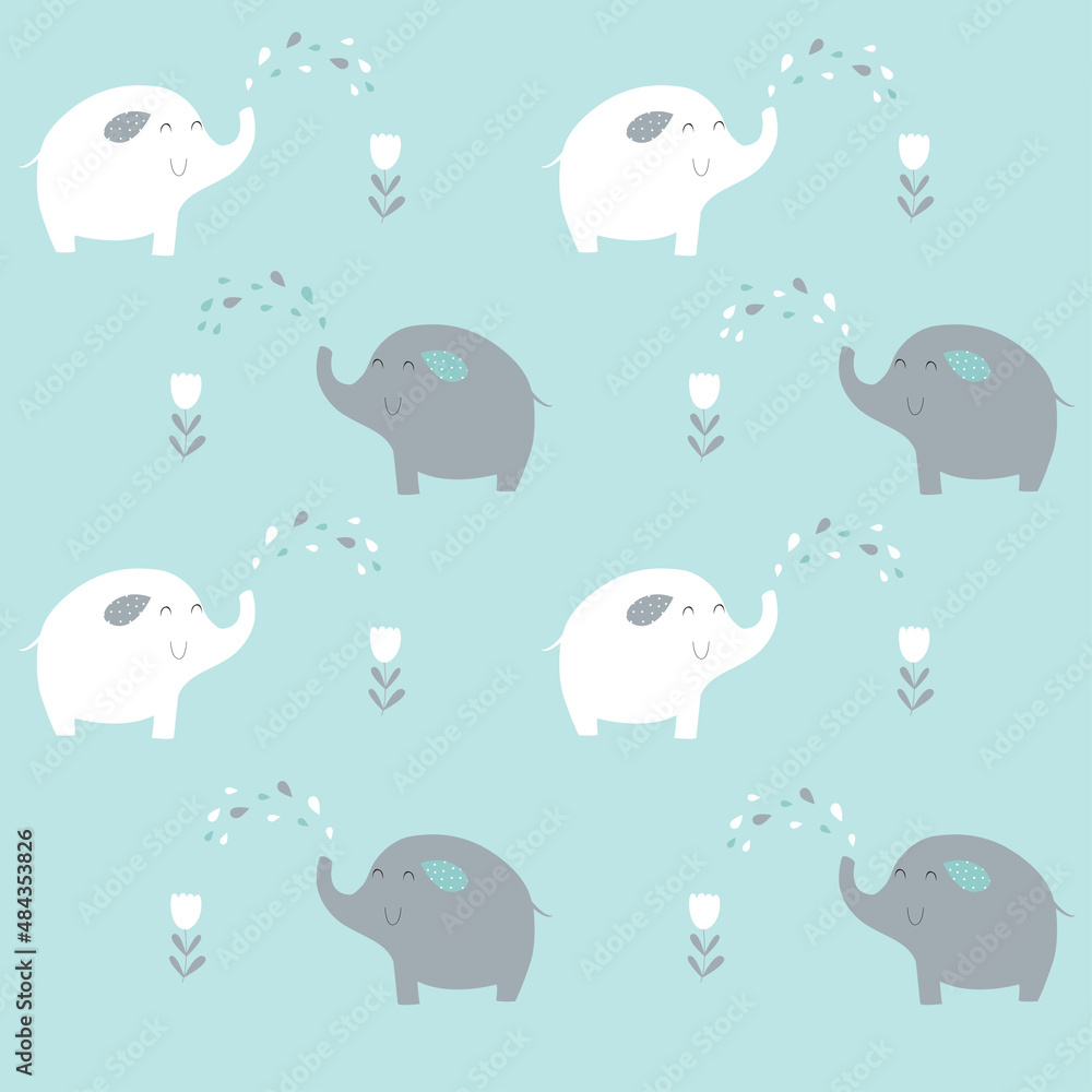 Print. Vector blue background with cartoon elephants. cartoon elephants